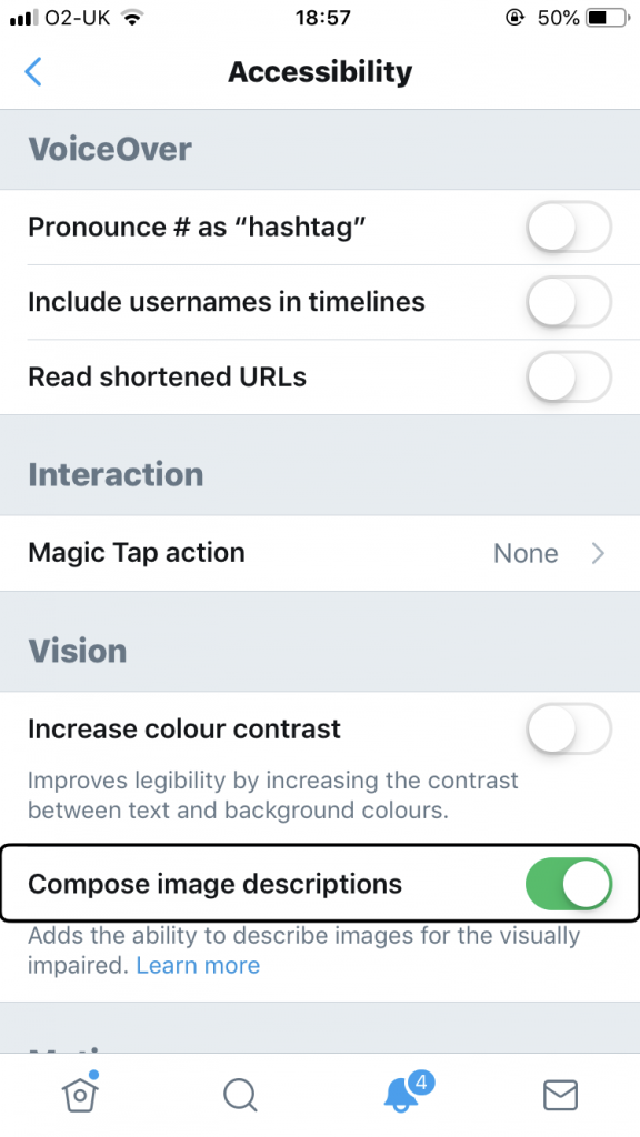 Screenshot of the Twitter accessibility settings